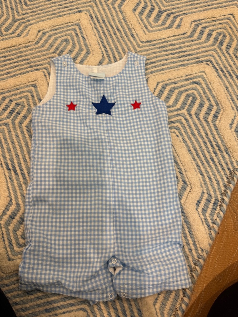 Light Blue Gingham Kids One-Piece with Star Appliqués